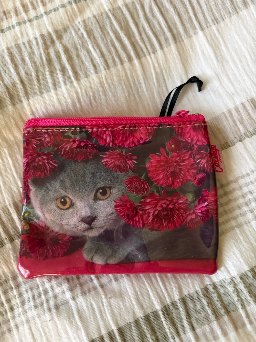 Pink Floral Cat Zip Wristlet Pouch